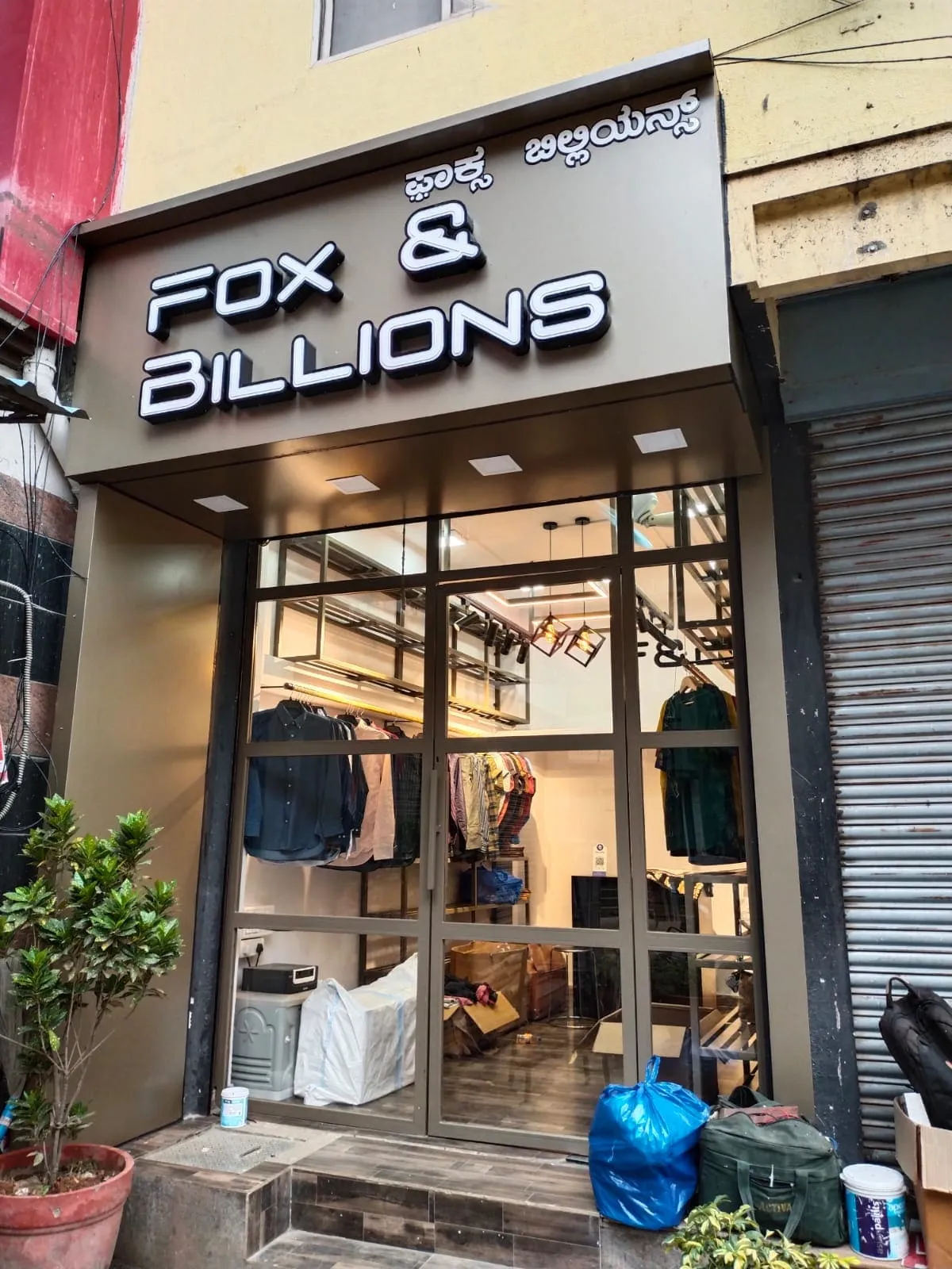 ACP cladding shop front with LED signage for Fox & Billions clothing store in Bangalore